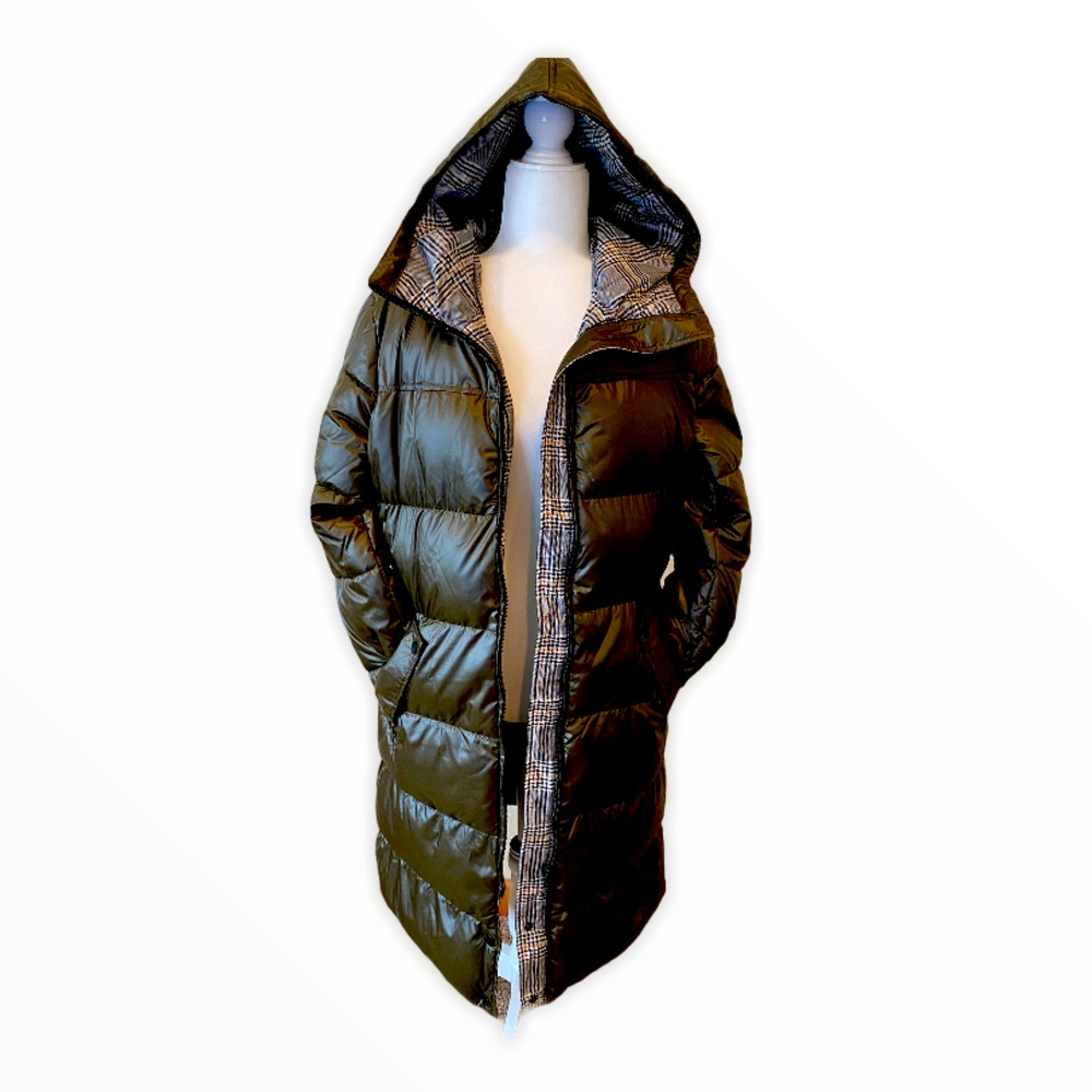 French Connection Hooded Plaid Lined Puffer Jacket